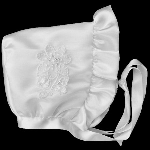 Baby Girls White Satin Bonnet with Embroidered Flower